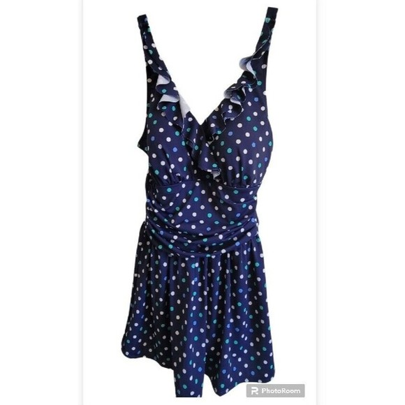 Denim & Co. Beach Ruffle Neck Skirted Swim Dress Suit Blue Dots NWOT Sz 12 - Picture 2 of 10